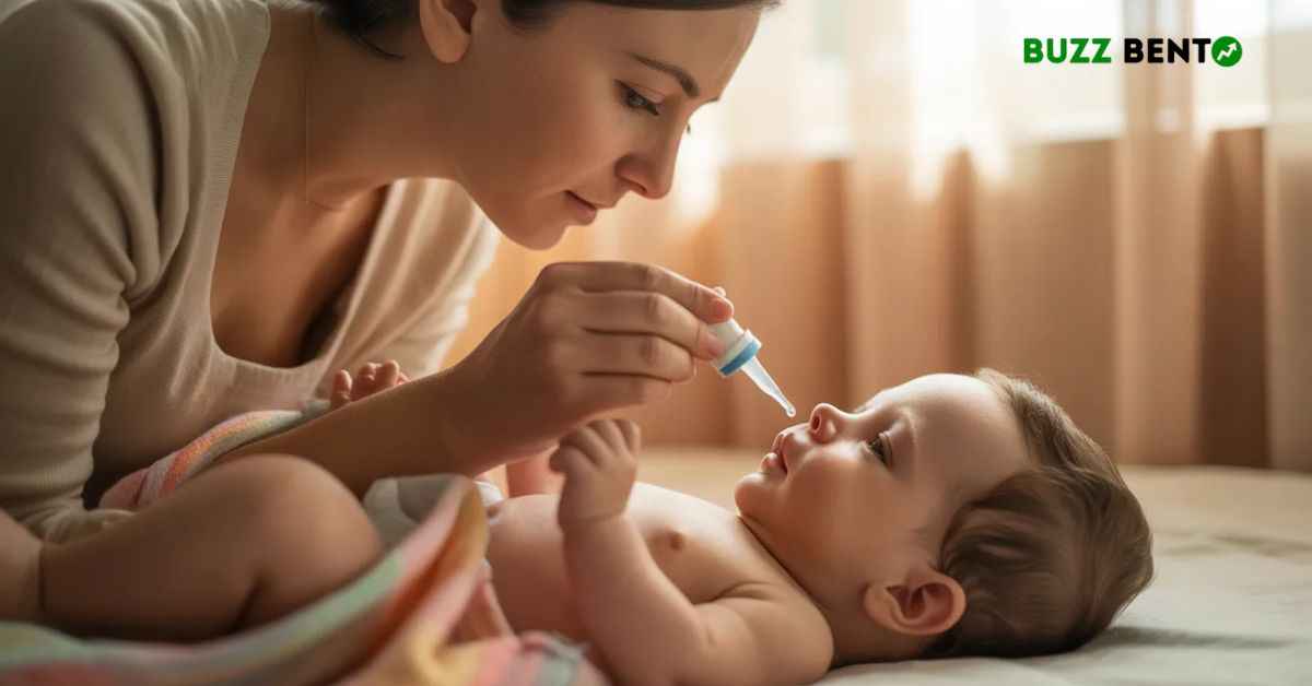 মা বাচ্চার নাকে স্যালাইন ড্রপ দিচ্ছেন